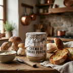 Crema di Funghi Porcini Glas auf Holztisch, daneben frische Steinpilze, geröstetes Brot und Streichmesser