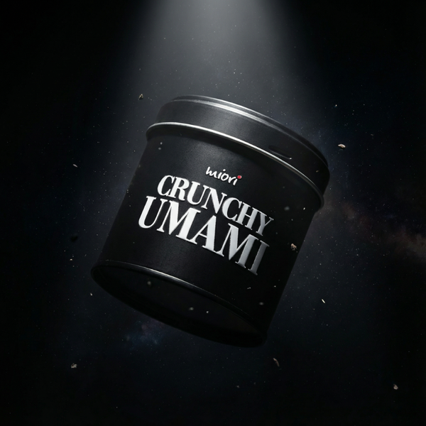 Schwarze Crunchy Umami Gewürzdose von miori schwebend im Lichtkegel vor dunklem Hintergrund