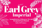 Pinkes Etikettmotiv Earl Grey Imperial mit weißen Blütenzeichnungen, Untertitel Schwarzer Tee mit Bergamotte