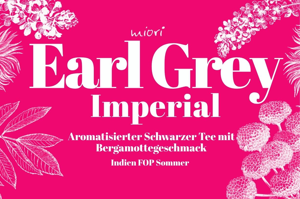 Pinkes Etikettmotiv Earl Grey Imperial mit weißen Blütenzeichnungen, Untertitel Schwarzer Tee mit Bergamotte
