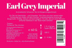 Rücketikett Earl Grey Imperial mit Beschreibung, Zutaten Schwarztee und Aromen, Zubereitung 100 Grad