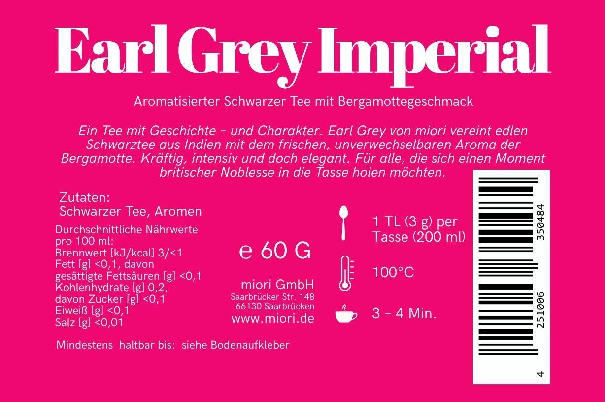 Rücketikett Earl Grey Imperial mit Beschreibung, Zutaten Schwarztee und Aromen, Zubereitung 100 Grad