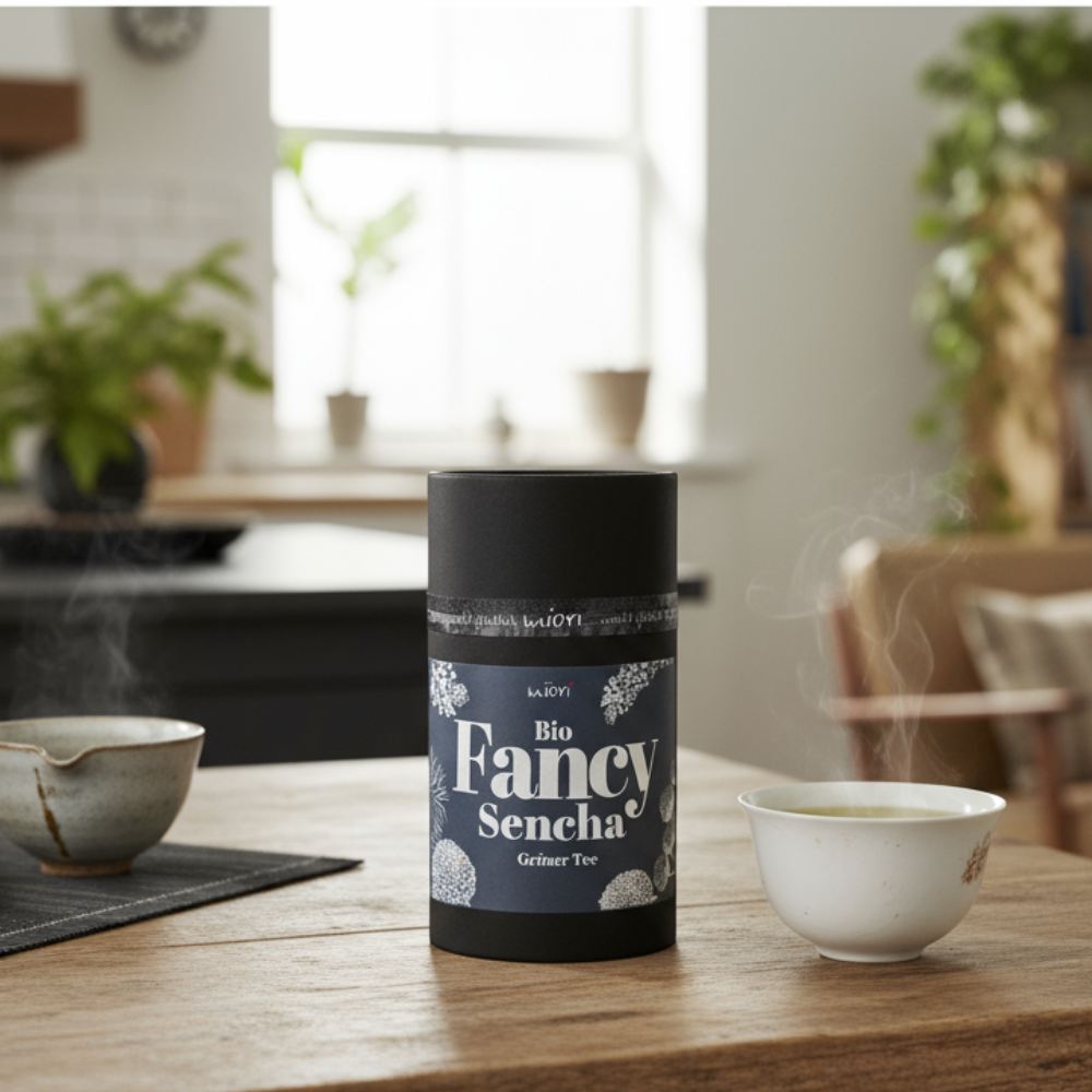 Bio Fancy Sencha Dose auf Holztisch in heller Küche, daneben japanische Teeschalen mit dampfendem grünen Tee