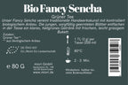 Rücketikett Bio Fancy Sencha mit Beschreibung, Zutaten grüner Tee, Bio-Siegel und Zubereitung 80 Grad