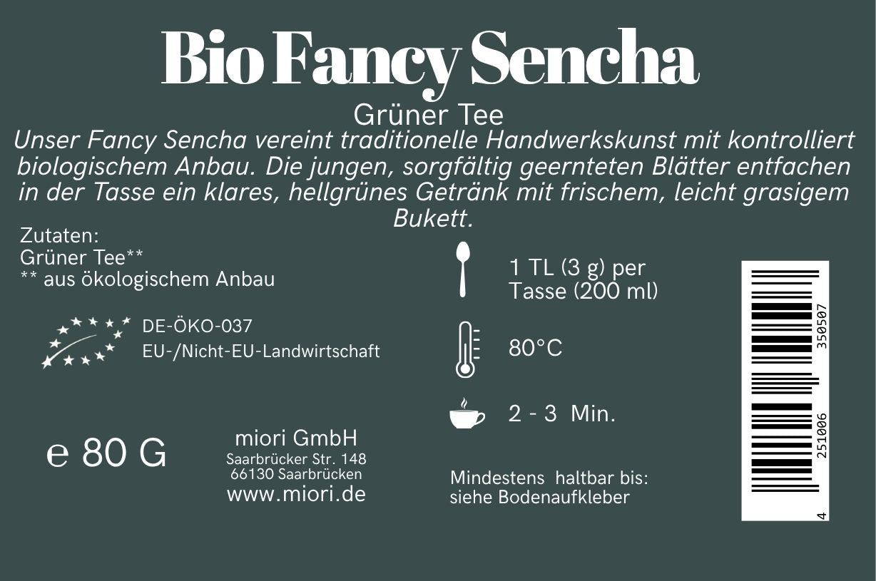 Rücketikett Bio Fancy Sencha mit Beschreibung, Zutaten grüner Tee, Bio-Siegel und Zubereitung 80 Grad