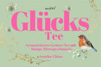 Mintgrünes Etikettmotiv Glücks Tee mit Rotkehlchen und Blütenzweigen, Untertitel Grüner Tee mit Mango-Zitrus