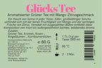 Rücketikett Glücks Tee mit Beschreibung, Zutaten grüner Tee und Blütenblätter, Zubereitung 80 Grad