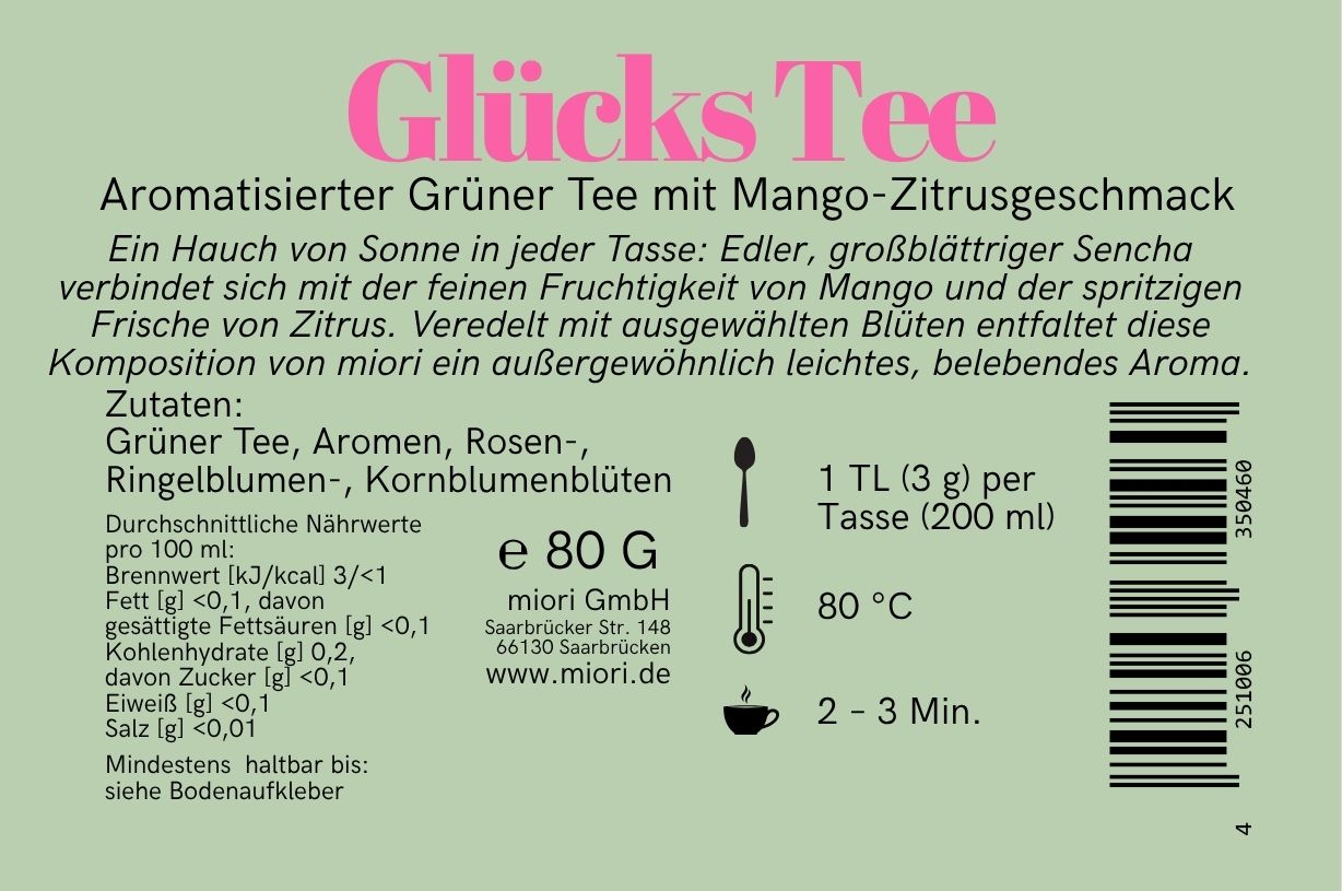 Rücketikett Glücks Tee mit Beschreibung, Zutaten grüner Tee und Blütenblätter, Zubereitung 80 Grad