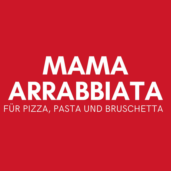 Roter Textbanner Mama Arrabbiata, weiße Schrift, Untertitel für Pizza Pasta und Bruschetta