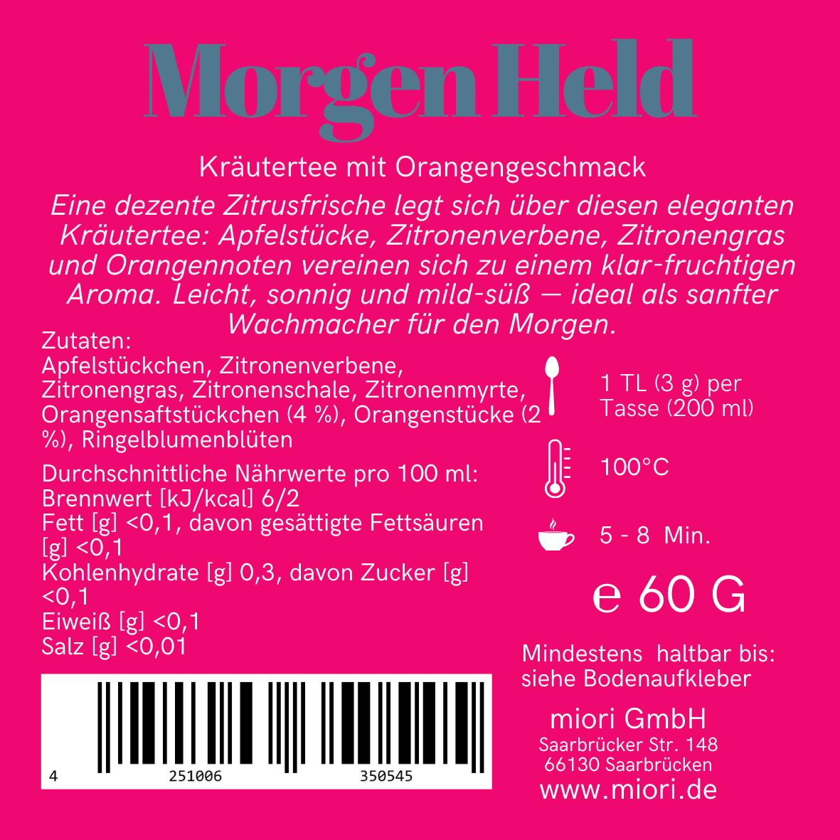 Rücketikett Morgen Held mit Beschreibung, Zutaten Apfel und Zitronenverbene, Zubereitung 100 Grad 5 bis 8 Minuten