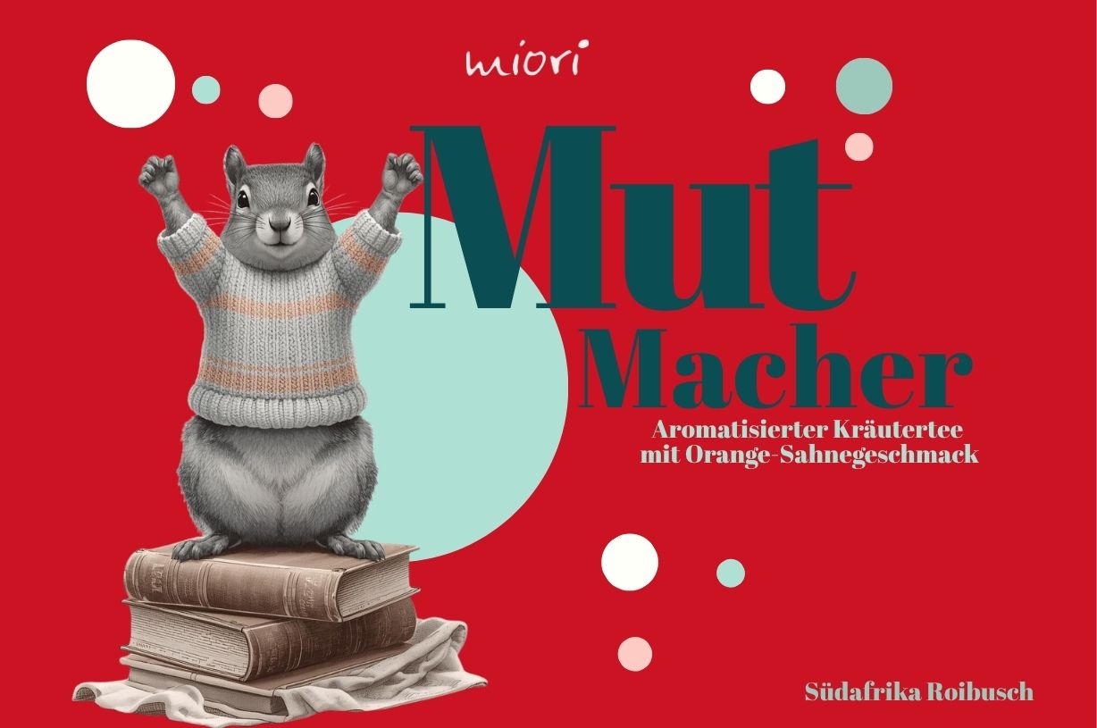 Rotes Etikettmotiv Mut Macher mit gezeichnetem Eichhörnchen auf Bücherstapel, Untertitel Roibusch Kräutertee