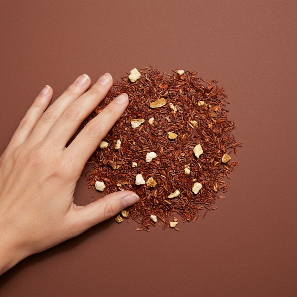 Häufchen Mutmacher Rooibos mit Orangenschalenstückchen auf braunem Untergrund, Hand berührt den Tee