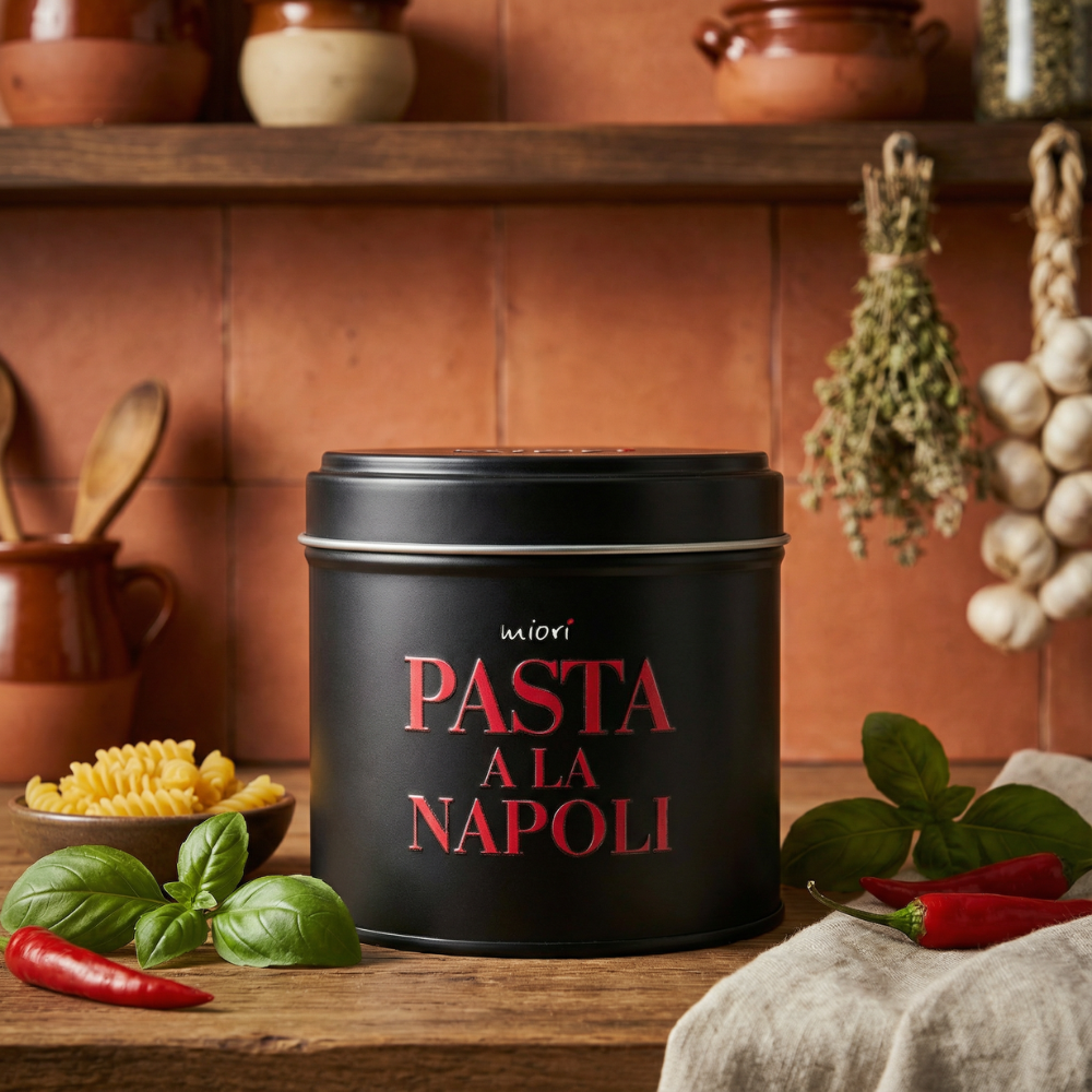 Pasta a la Napoli Dose auf Holztisch vor Terrakotta-Fliesen, daneben Fusilli, Basilikum, Chilischoten und Knoblauch