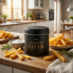 Pommes Glück Dose auf Holztheke in heller Küche, daneben Schale Salz und zwei Portionen goldene Pommes frites