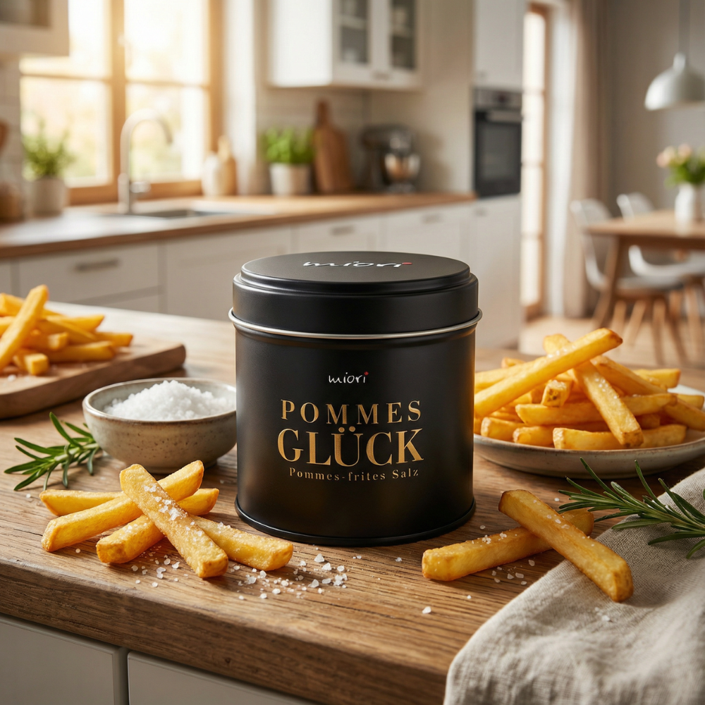 Pommes Glück Dose auf Holztheke in heller Küche, daneben Schale Salz und zwei Portionen goldene Pommes frites