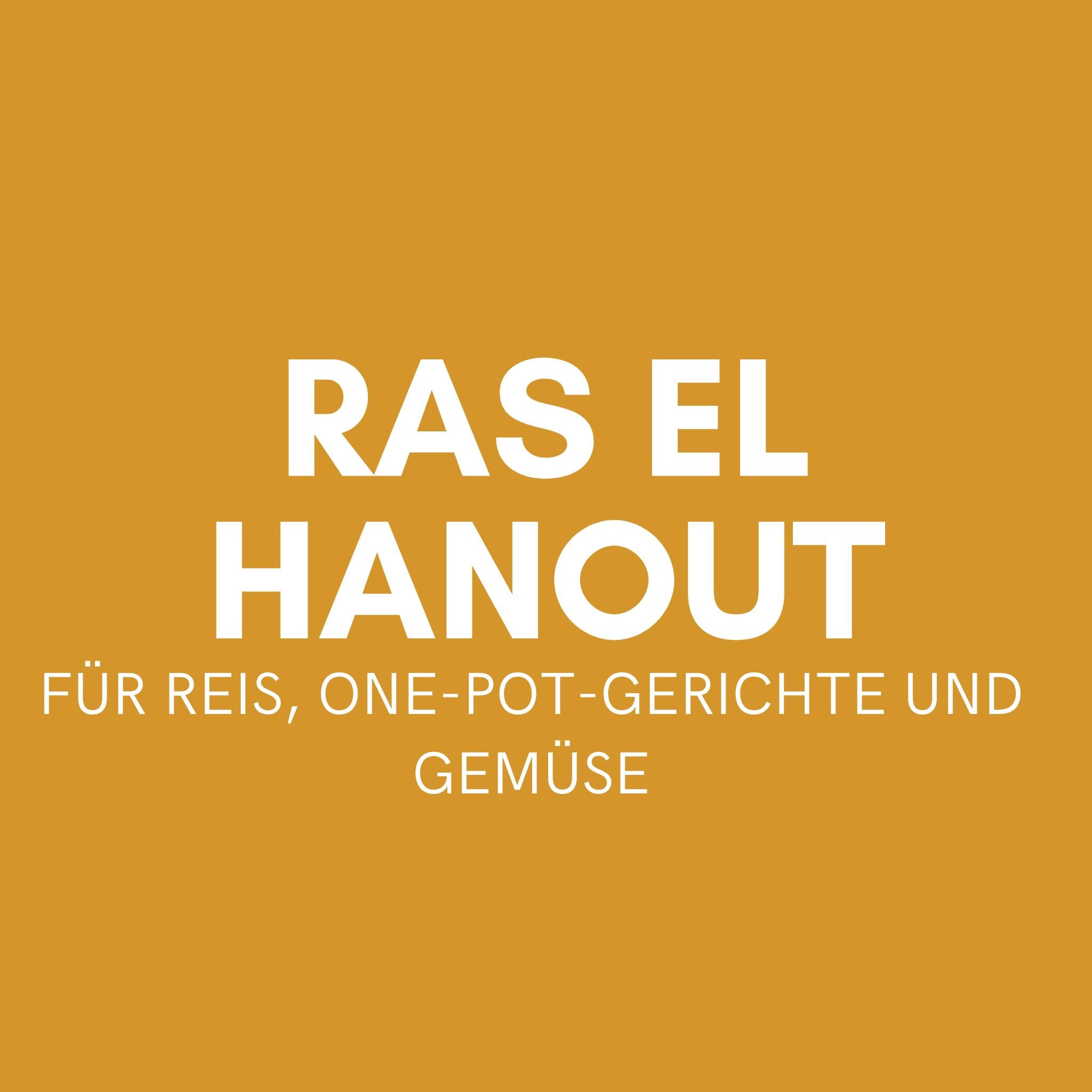 Senfgelber Textbanner Ras El Hanout, weiße Schrift, Untertitel für Reis One-Pot-Gerichte und Gemüse