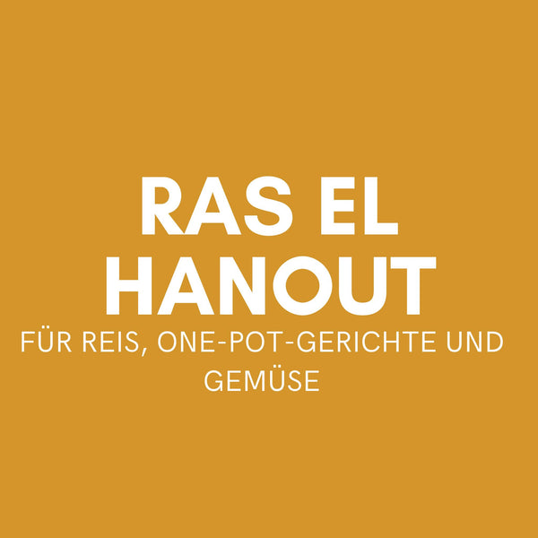 Senfgelber Textbanner Ras El Hanout, weiße Schrift, Untertitel für Reis One-Pot-Gerichte und Gemüse