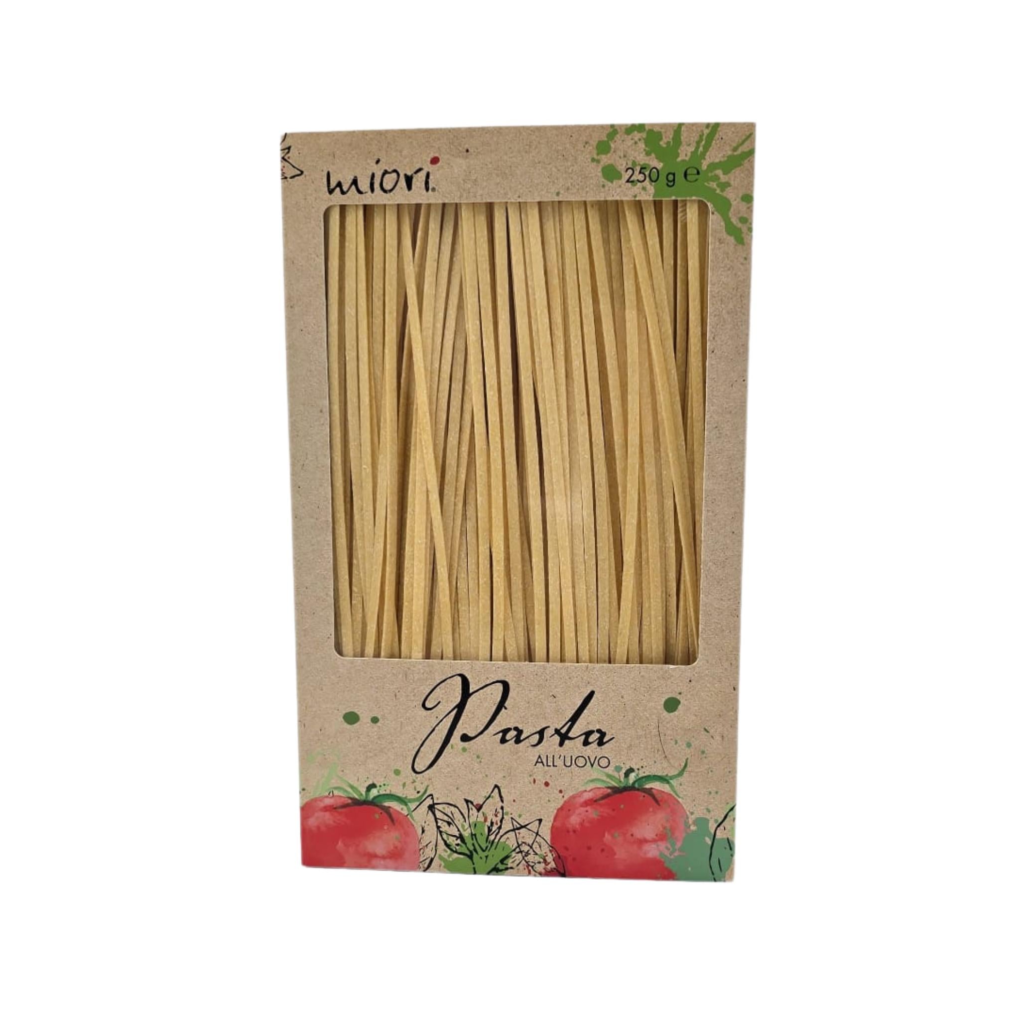 miori Tagliatelle Eiernudeln in Kraftpapier-Box mit Sichtfenster, schmale Bandnudeln erkennbar, 250 Gramm