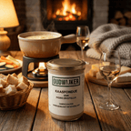 Oudwijker Käsefondue Glas auf Holztisch vor Kaminfeuer, daneben Fonduetopf, Brotkorb und Weißwein