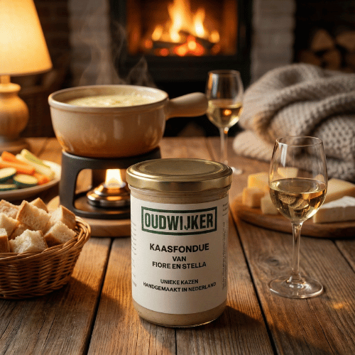 Oudwijker Käsefondue Glas auf Holztisch vor Kaminfeuer, daneben Fonduetopf, Brotkorb und Weißwein