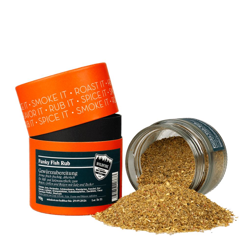 Rosenheimer Gewürzmühle Funky Fish Rub 90 g: orange Dosen, eine gekippt mit goldbraunem Fisch-Gewürzpulver