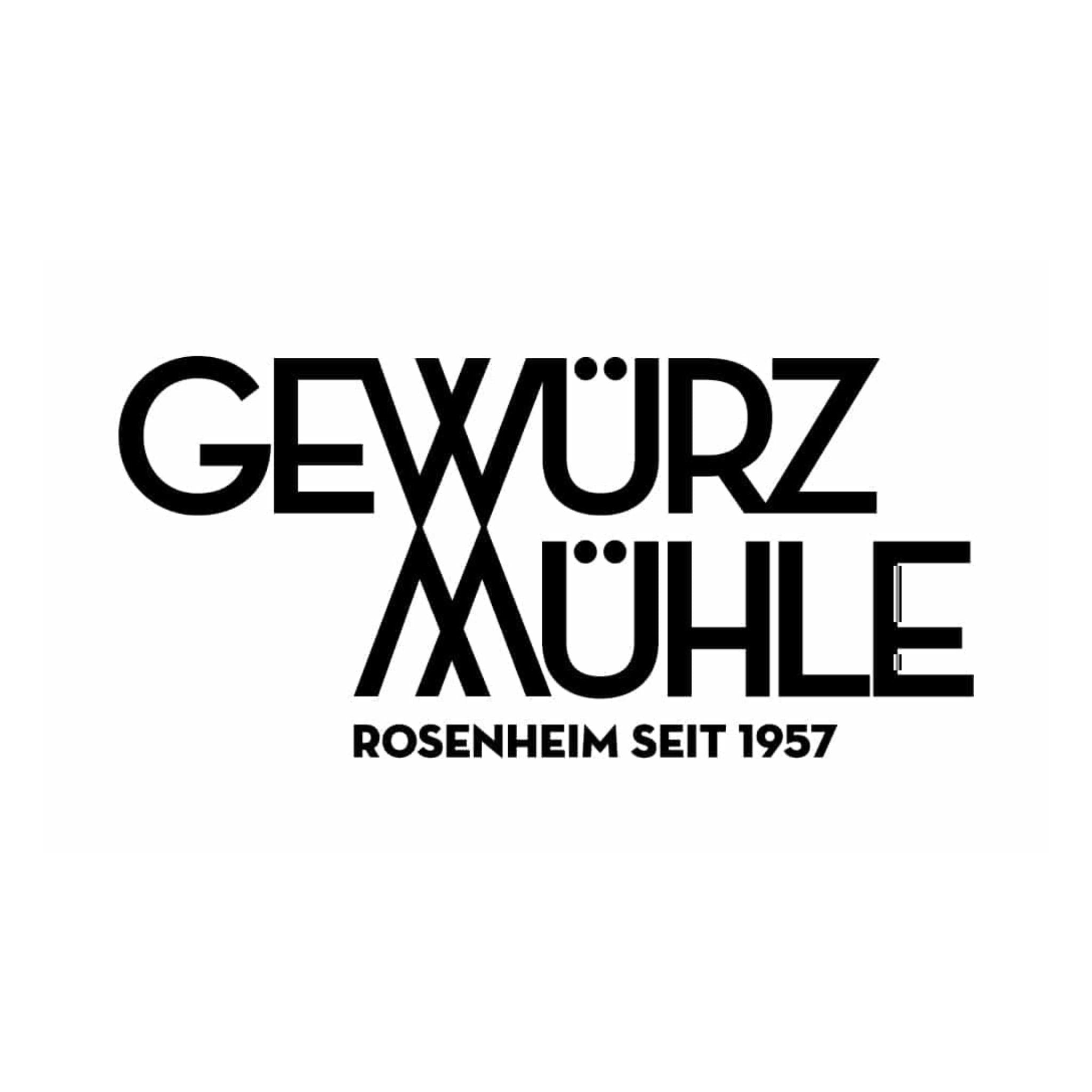 Logo der Rosenheimer Gewürzmühle in Schwarz auf Weiß mit Schriftzug Gewürzmühle Rosenheim seit 1957