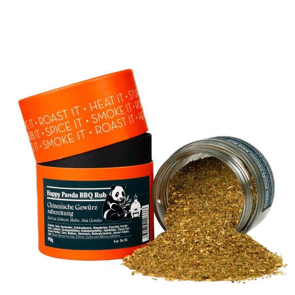 Rosenheimer Gewürzmühle Happy Panda BBQ Rub 90 g mit Panda-Logo, gekippte Dose mit grünlich-braunem Gewürzpulver