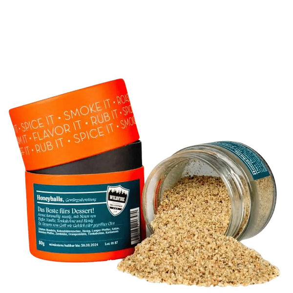 Rosenheimer Gewürzmühle Honeyballs Dessert Rub 80 g, orange Dosen, feines hellbeiges Pulver ausgeschüttet