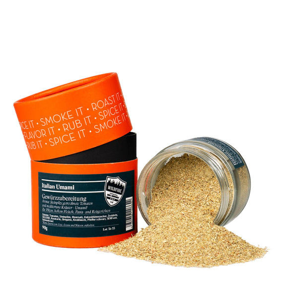 Rosenheimer Gewürzmühle Italian Umami 75 g, orange Dosen, helles goldgelbes Umami-Gewürzpulver ausgeschüttet