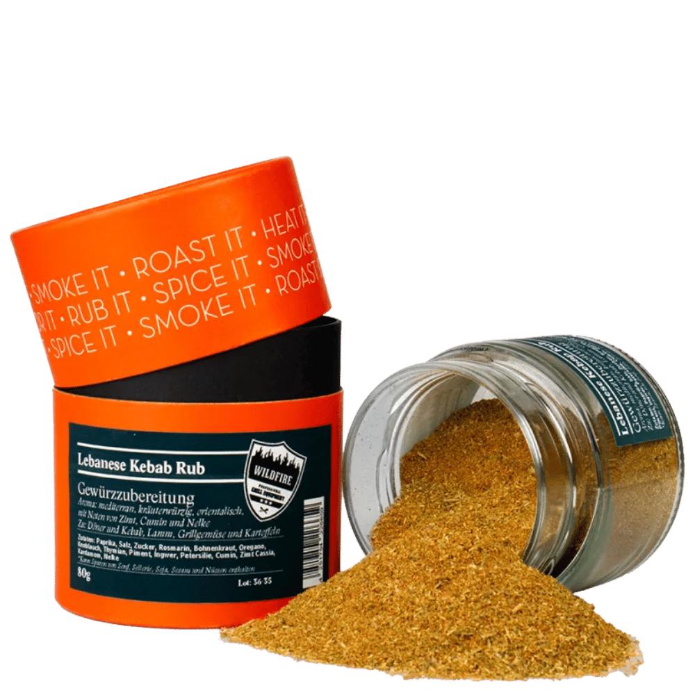 Rosenheimer Gewürzmühle Lebanese Kebab Rub 80 g Wildfire Edition, orange Dosen, feines goldgelbes Kebab-Gewürz ausgeschüttet