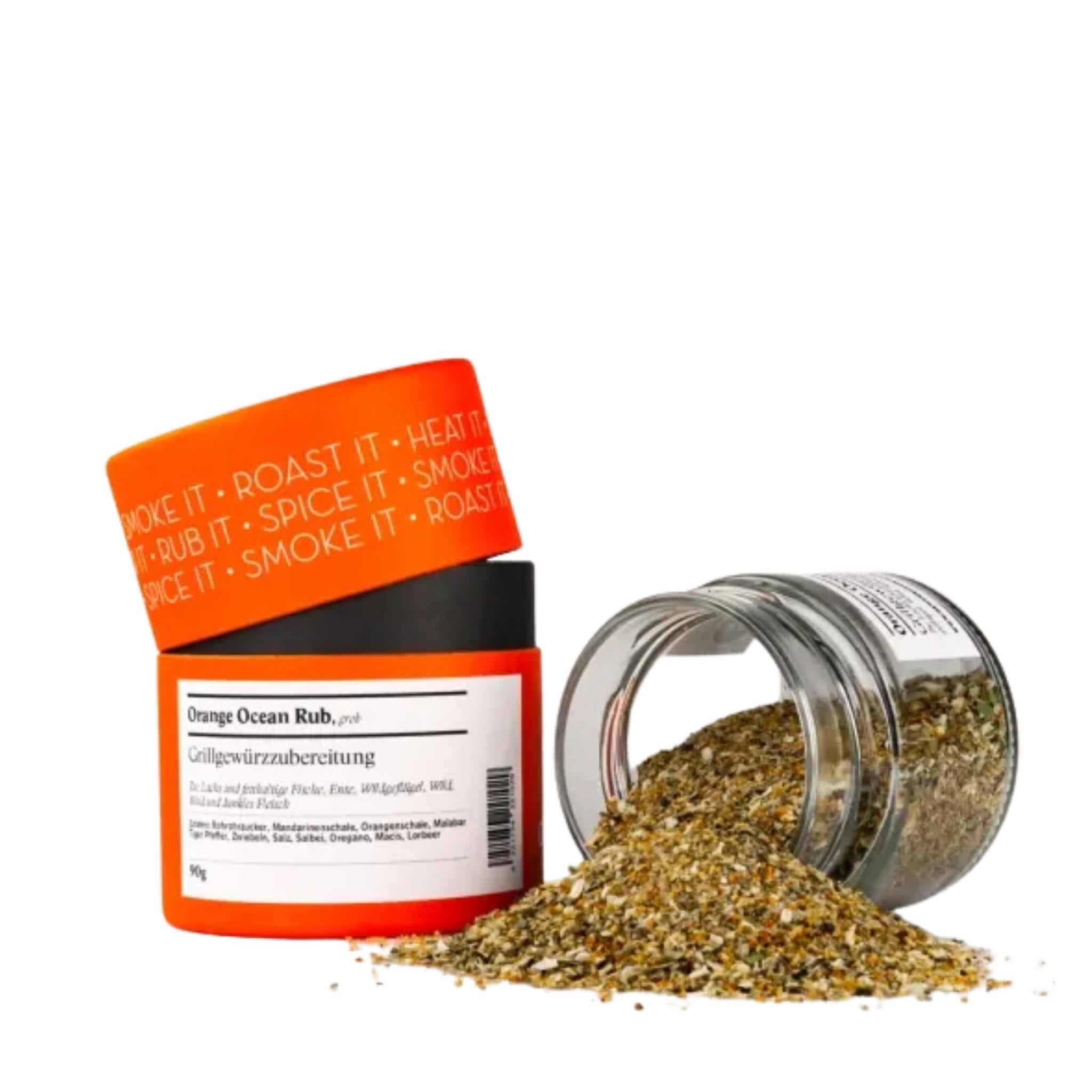 Rosenheimer Gewürzmühle Orange Ocean Rub 90 g, orange Dose mit weißem Etikett, grobe kräutrig-goldene Grillmischung ausgeschüttet