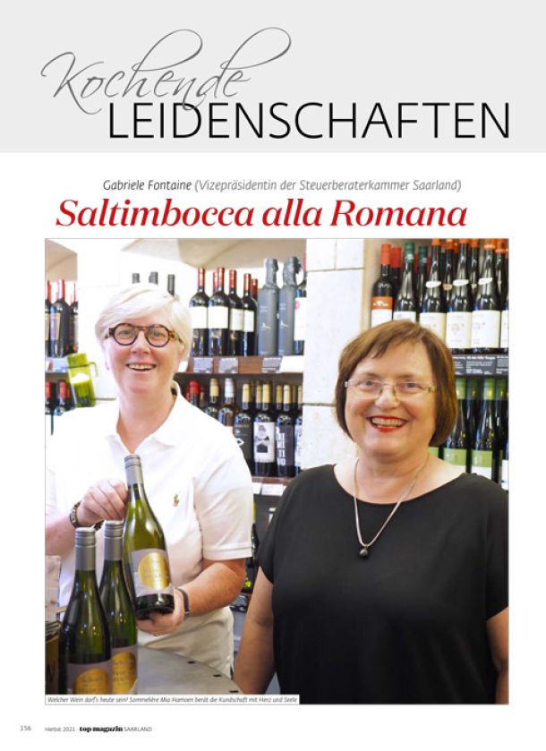 Zwei Frauen vor einem Weinregal. Aufschrift: Kochende Leidenschaften - Gabriele Fontaine, Saltimbocca alla Romana