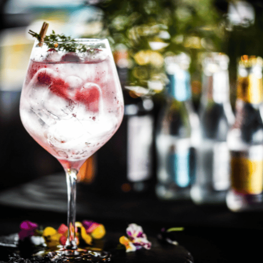 Glas mit GinTonic mit Beeren und Eis, sowie Blüten am Rand mit Tonicflaschen im Hintergrund. Präsentiert bei miori in Saarbrücken