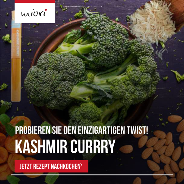 Kashmir Curry Gewürz von miori mit Brokkoli, Mandeln und getrockneten Aprikosen