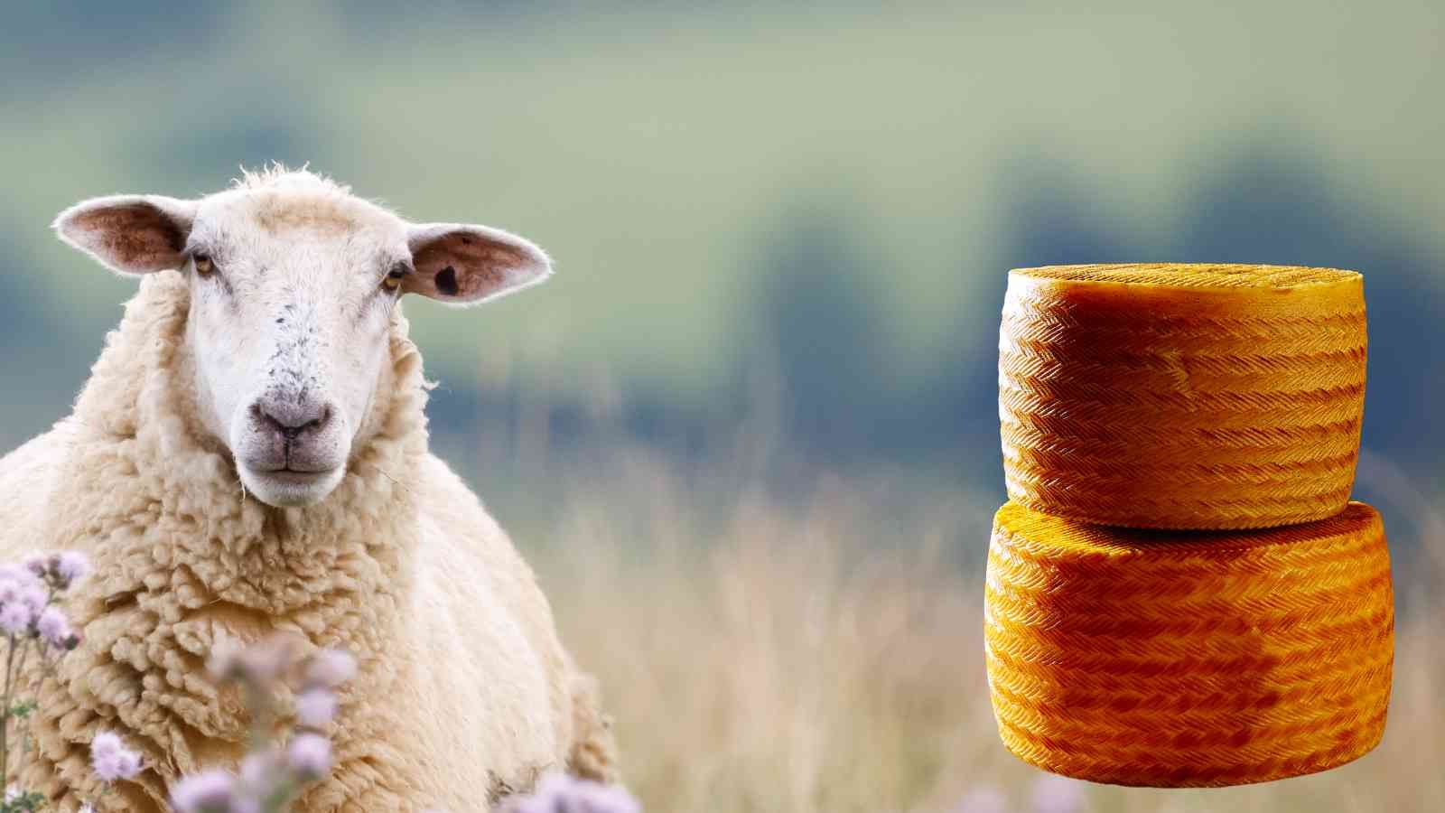 Ein Schaf in einer blühenden Wiese neben zwei gestapelten Laiben Schafsmilchkäse Manchego repräsentiert die Schafskäseauswahl von miori in Saarbrücken